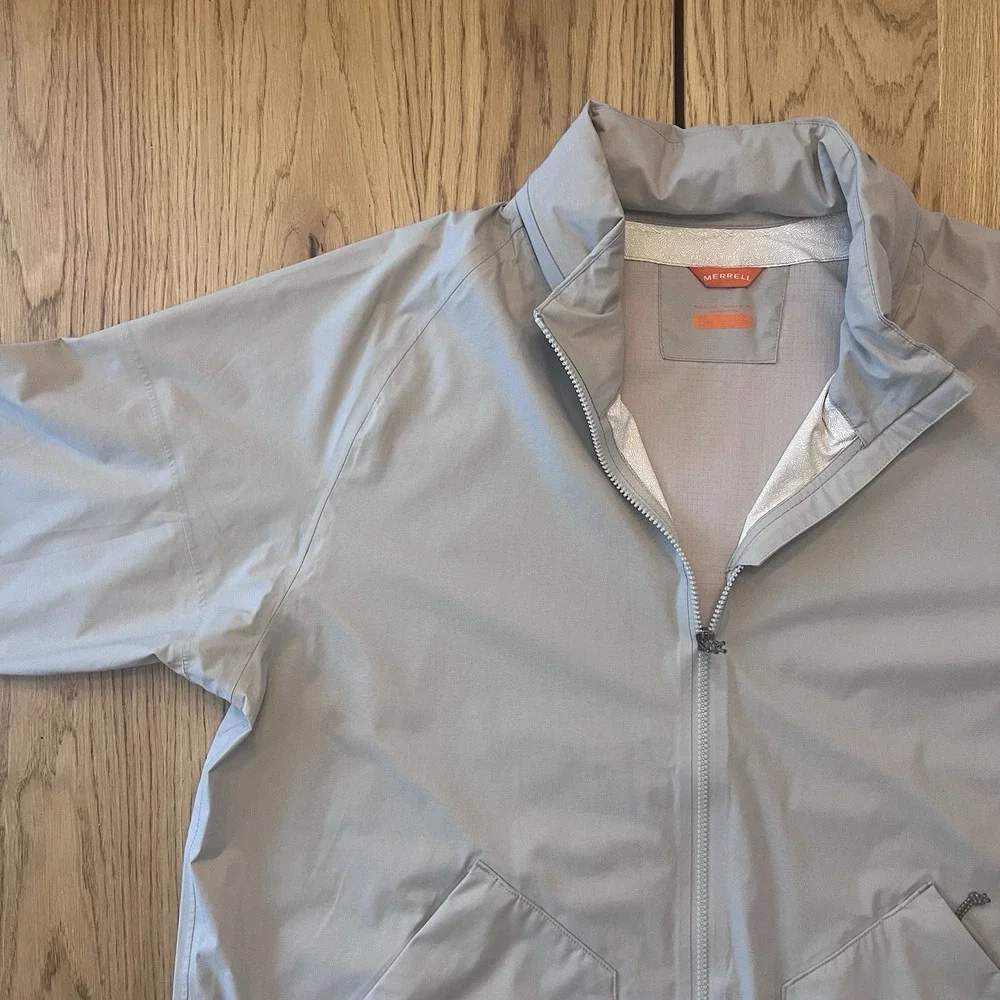 Merrall Mens XL Windbreaker Light Gray Pockets Hidden Hood Outdoor Jacket